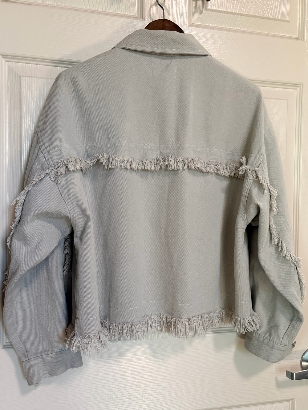 Boxy oversized cropped gray denim jacket with fringe buttons Boho southwestern